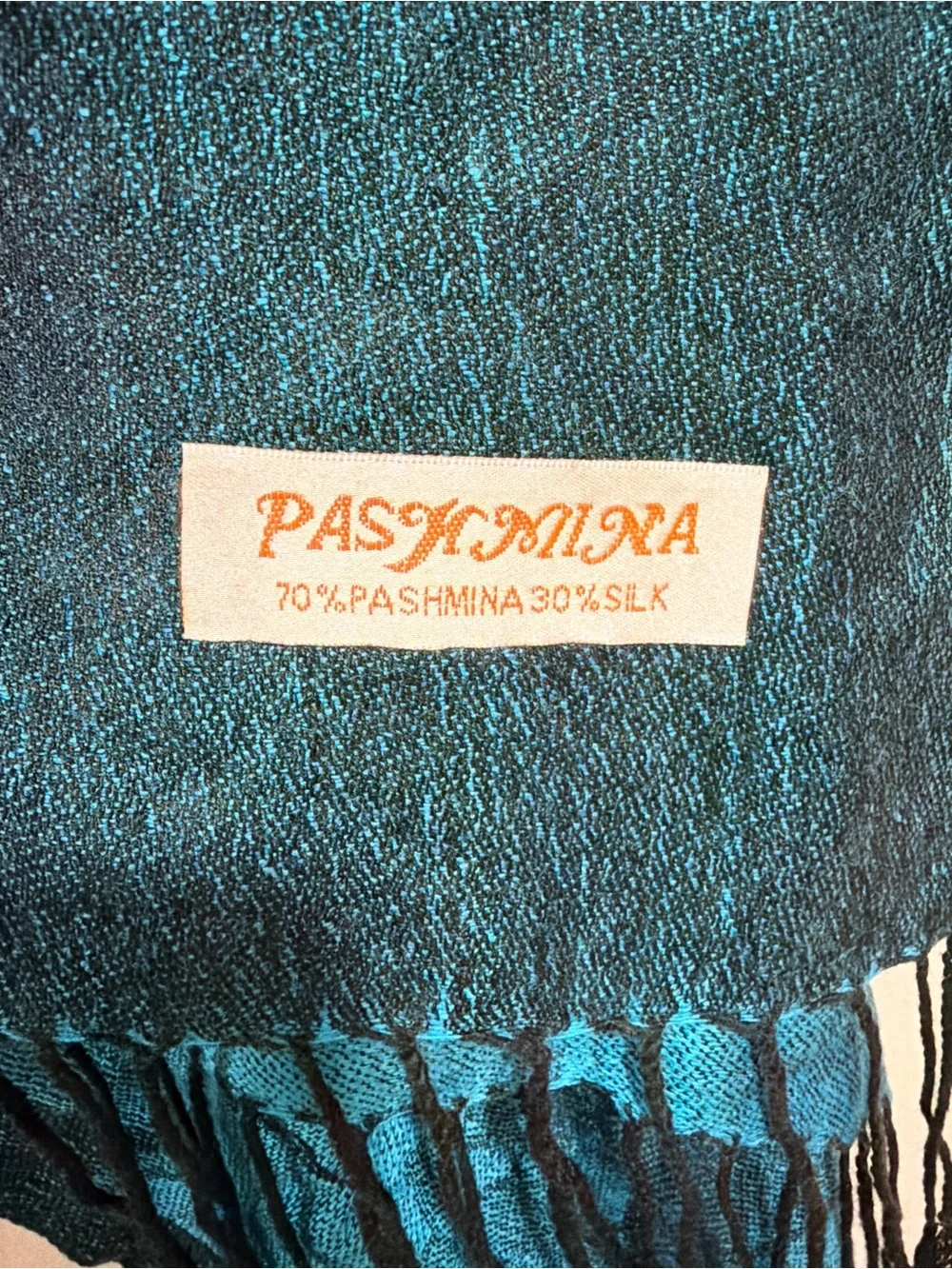 pashmina Teal Blue Jacquard Fringe Wrap